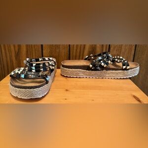 Woman OLIVIA MILLER Black Silver Tan Studded Strappy Espadrille Sandal Shoe Sz 9